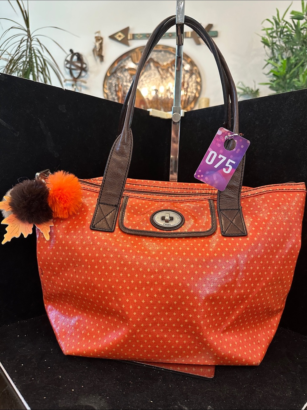 FOSSIL #075 Orange Tote Bag with Brown Handles
